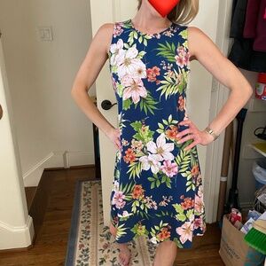 J Jill Sleeveless Pull-on Summer Dress; Knee Length; Navy, Pink Floral; XSP; EUC